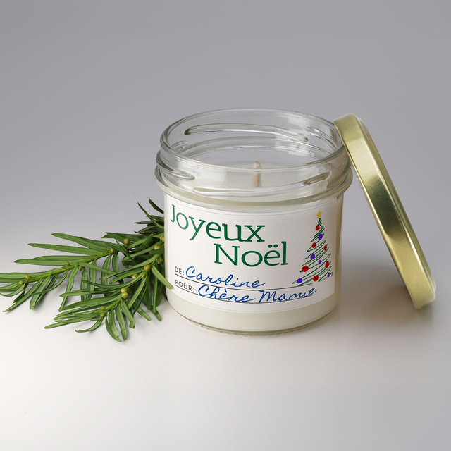 Bougie artisanale parfumée en cire de soja avec étiquette personnalisée - Cadeau pour Noël, Nouvel An, Fêtes de fin d'année, 100g (CJN20)