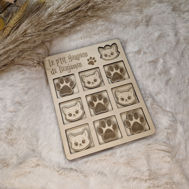 Jeu de morpion Tic Tac Toe pour enfant en bois gravé - décor Chat