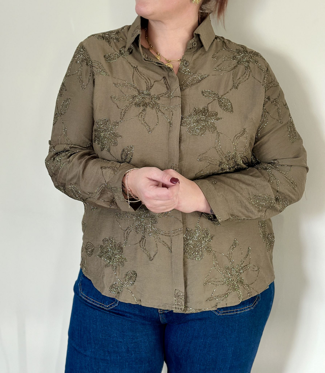 Chemise kaki broderie fleur 