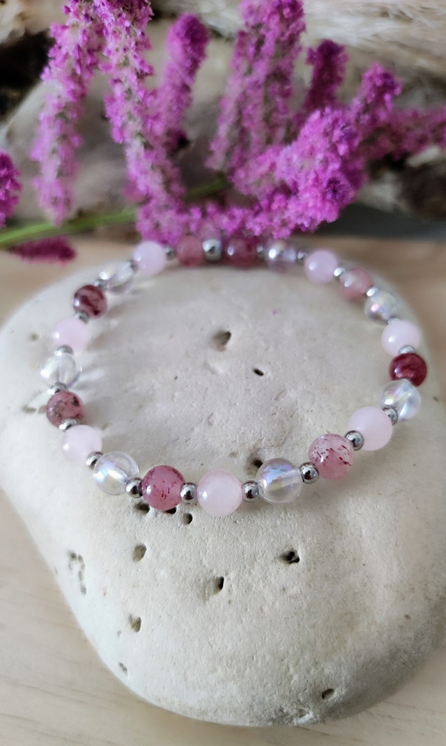 Bracelet "Épanouissement et Joie" Quartz fraise et Quartz rose