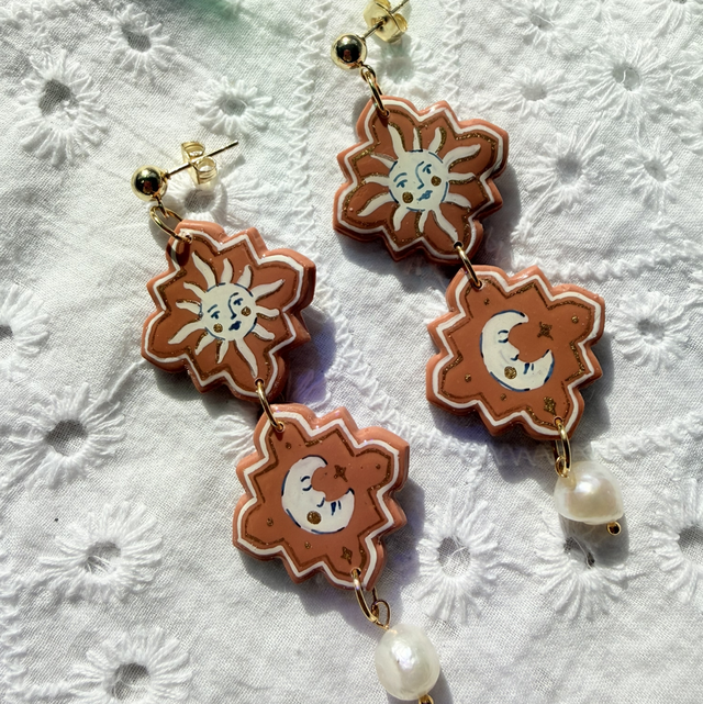 TARA - Celestial Sun and Moon Pearl Drop Statement Earrings
