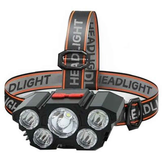 Lampe frontal à 5 LED, batterie 18650 intégrée lampe de poche, camping, aventure, pêche