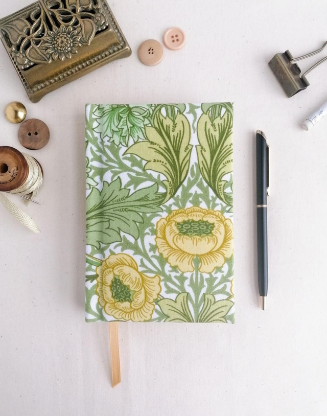 2025 hardback pocket A6 Diary with Green William Morris vintage patterned fabric. Page a day view.