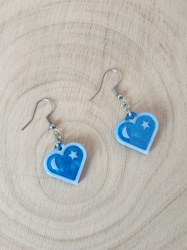 Boucles d'oreilles cœur bleu nuit étoilée
