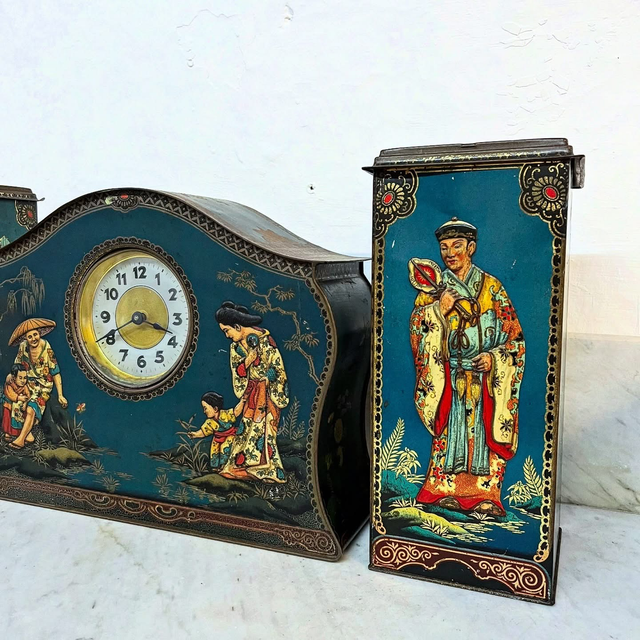 Early 20th Century “Victory V Gums & Lozenges” Chinoiserie Clock Tin by Fryer & Co., England