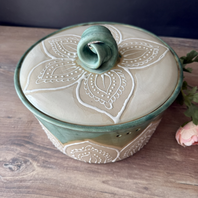 Small stoneware bread crock with hand-painted mandala patterns