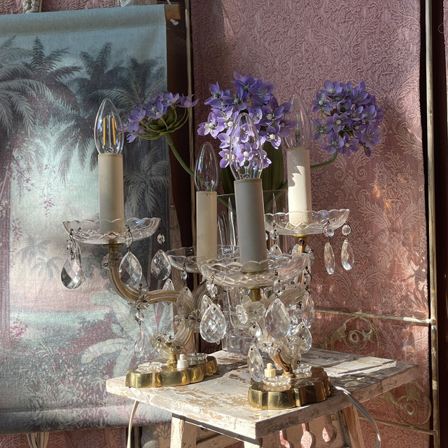 Brocante Tischleuchte Messing Kristall  2-flammig Palwa