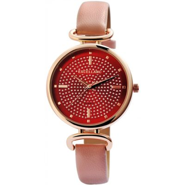 montre Excellanc femme fond rouge et trass bracelet cuir de couleur rose
