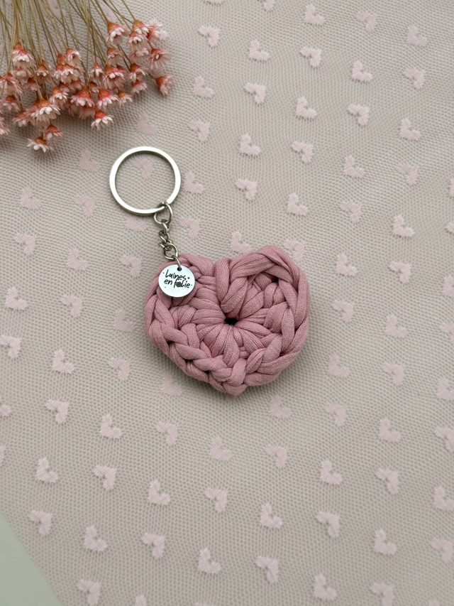 Porte-clés cœur rose en coton recyclé