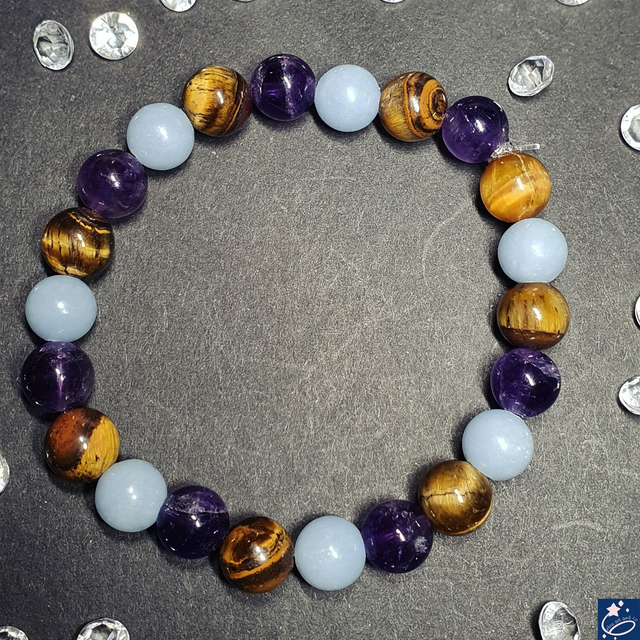 Bracelet élastique en angélite, améthyste et oeil de tigre