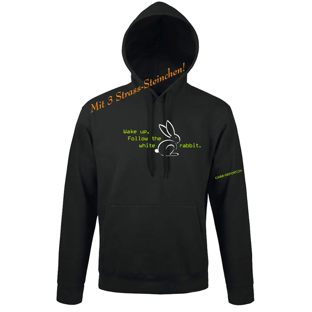 Hoodie, White Rabbit, Sujet 1 mit 3 Strass-Steinen verziert, unisex, schwarz