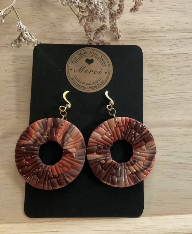 B7 Boucles d’oreilles pendantes en pâte polymère et resineUV ; dorées en acier inoxydable ⛔️aux -6 ans