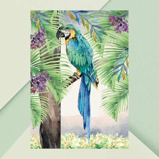 Impression d'Ara Bleu Perché sur un Arbre dans la Forêt Tropicale - Art Exotique / Blue Macaw Perched on  Tree in Tropical Forest Print - Exotic Art