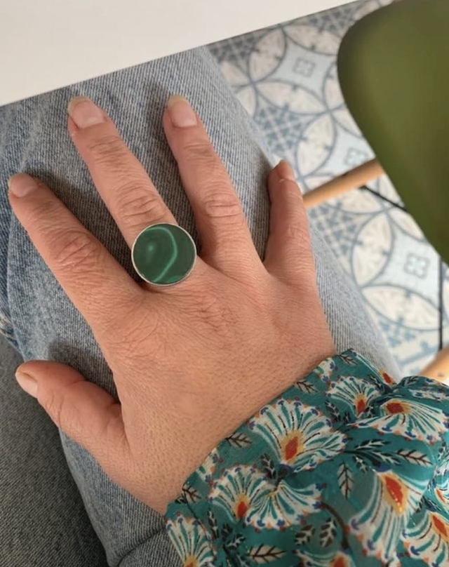 Bague avec cabochon plat 20mm en pierre naturelle Malachite