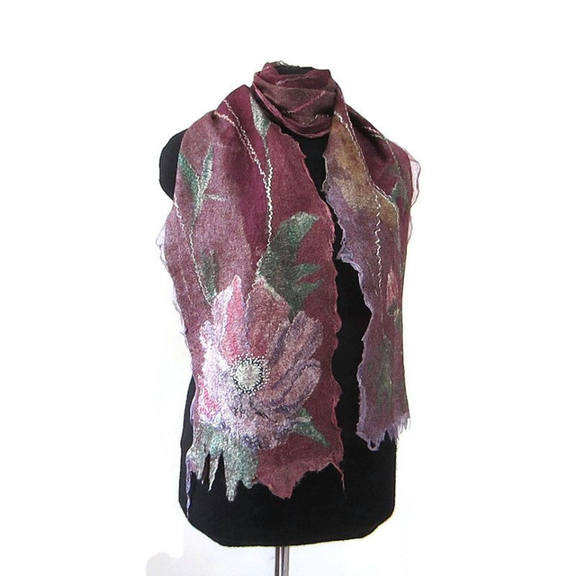 Sciarpa feltro lana merino seta Sciarpa artistica Caldo Sciarpa lunga Borgogna Infeltrimento fatto a mano regalo unico per le donne