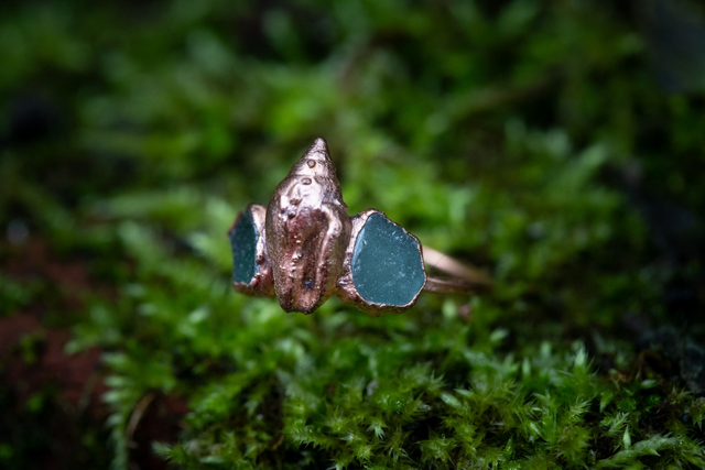 Bague triple coquillage et verre de mer