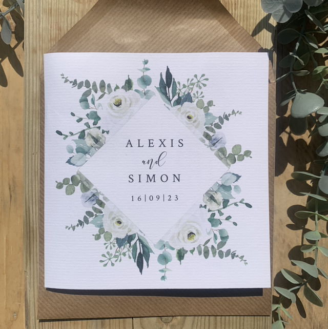 "Alexis" design - White rose &amp; eucalyptus - square, tri-fold Wedding invitations - including guest information &amp; RSVP