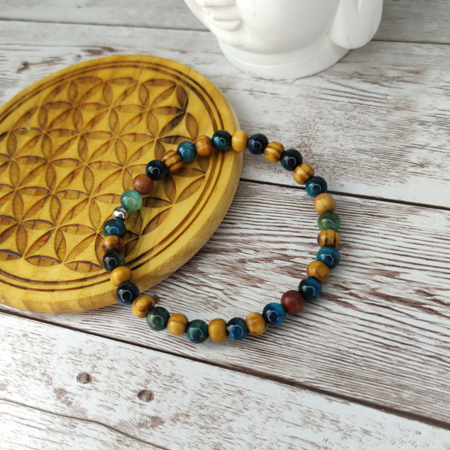 Bracelet lithothérapie "Oeil de Tigre" bleu et Bois