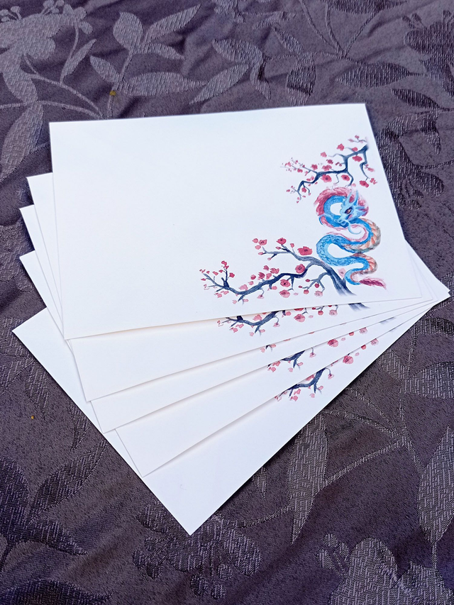 Papier à lettres et enveloppes – Dragon japonais & cerisiers en fleur