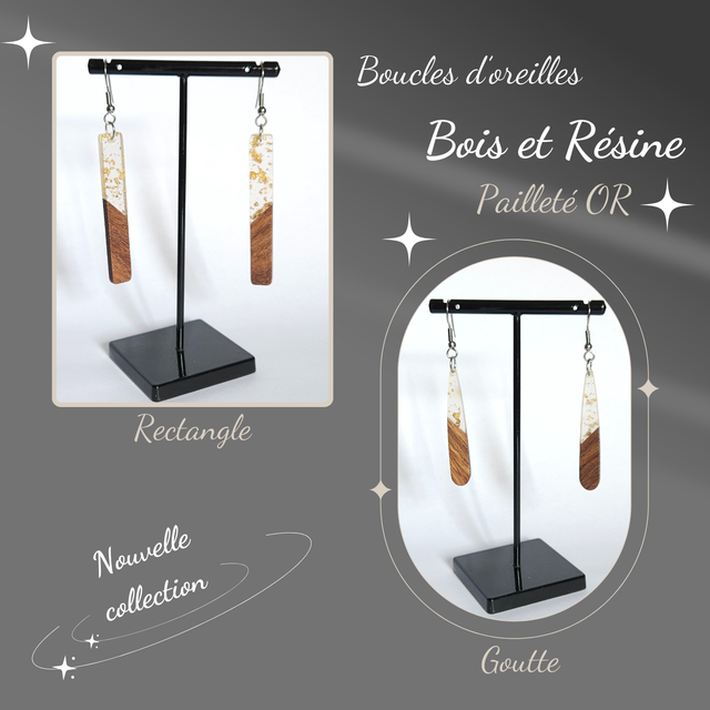 Boucles d&#039;oreilles Pailleté OR en Bois &amp; Résine
