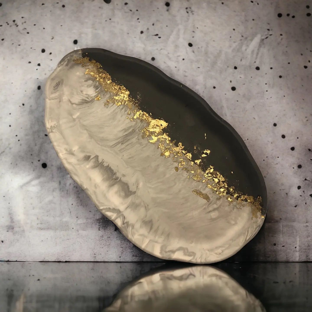 Handmade Large Oval Tray- Grey, Marble & Gold Leaf
