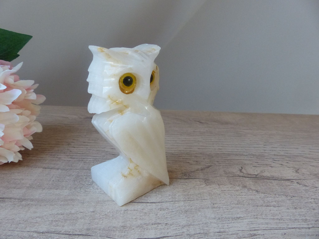 Rare et Ancien Sculpture Figurine Chouette Hibou en Onyx Véritable Fait en Italie Vintage, Hibou Artisanat d'Art en Pierre Hibou collection