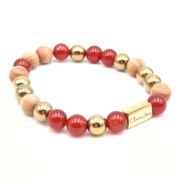 🔥 Bracelet Cornaline, Bois de Senteur &amp; Hématite dorée – Force &amp; Rayonnement