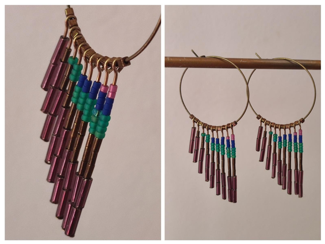 Créoles bronze et perles en verre miyuki violine, turquoise et orange, sans nickel,en laiton bronze, pièce unique 