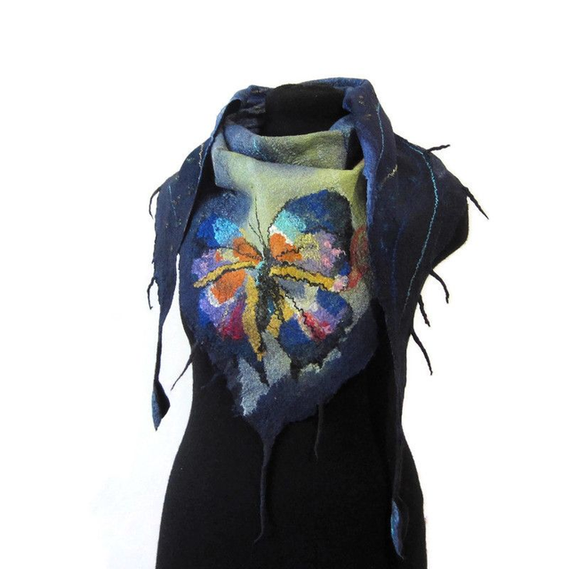 Shawl wool merino silk wrap warm Handmade felted shawl bactus felting farfalla women Unique gift for women