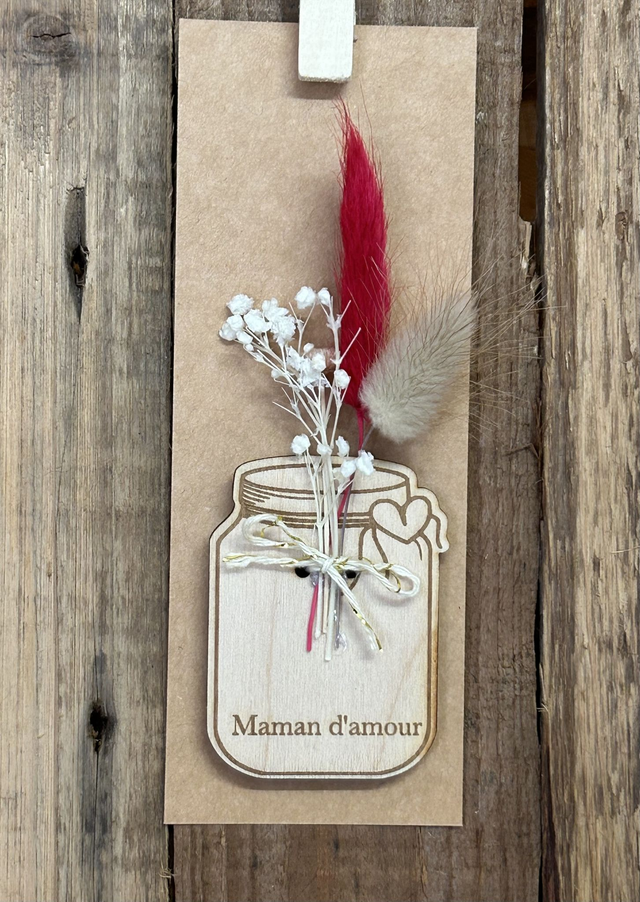 Magnet en bois &quot;Maman d&#039;amour” et fleurs séchées