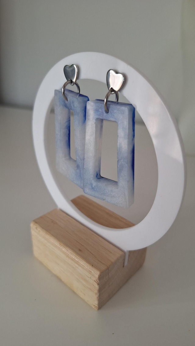 Boucles d'oreilles rectangles blanc et encre à alcool bleu
