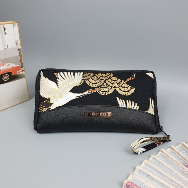 Portefeuille long zippé &quot;Grues&quot; simili cuir noir