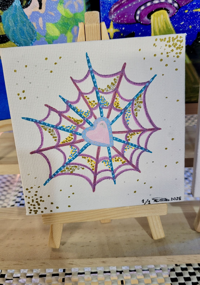 Original Mini Canvas Painting - Pastel Heart Spiderweb - Pink & Blue Glitter Effect