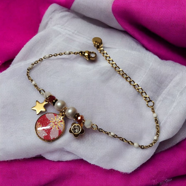 bracelet acier inoxydable motifs japonais rose fuchsia