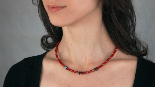Collier étoiles en hématite et perles de jaspe rouge