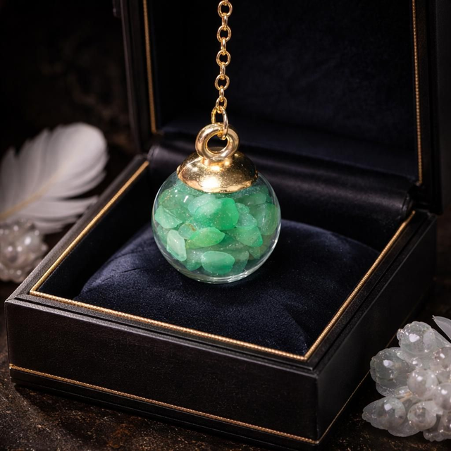 "Aventurine verte" - Pendule bulle de verre dorée - P-10