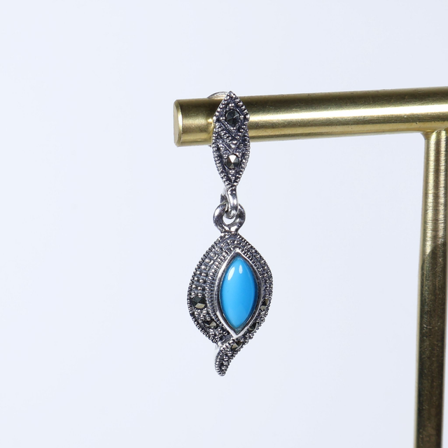 Sterling Silver 925 Art Deco Style Blue Marquise Cut Turquoise Colour Marcasite Navajo Feather Native American Design Drop Dangle Earrings