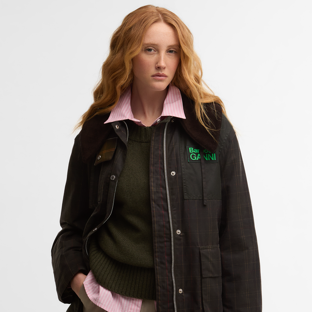 Barbour X Ganni Hooded Tartan Duffle Wax Classic Tartan Fern