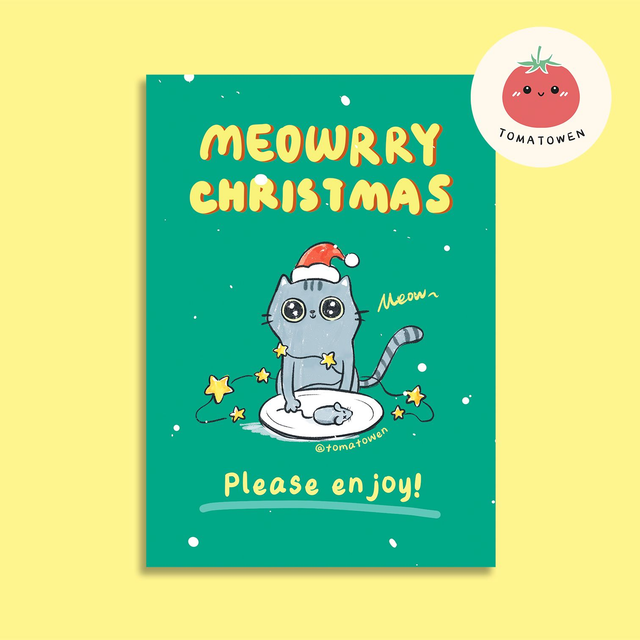 Postcard: Meorry Christmas Grey cat