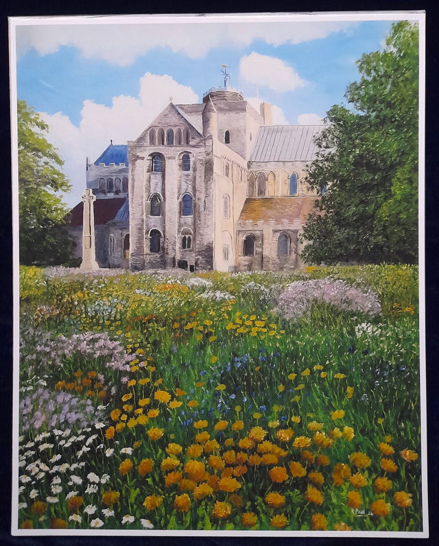 Romsey Abbey and wildflowers - evening print