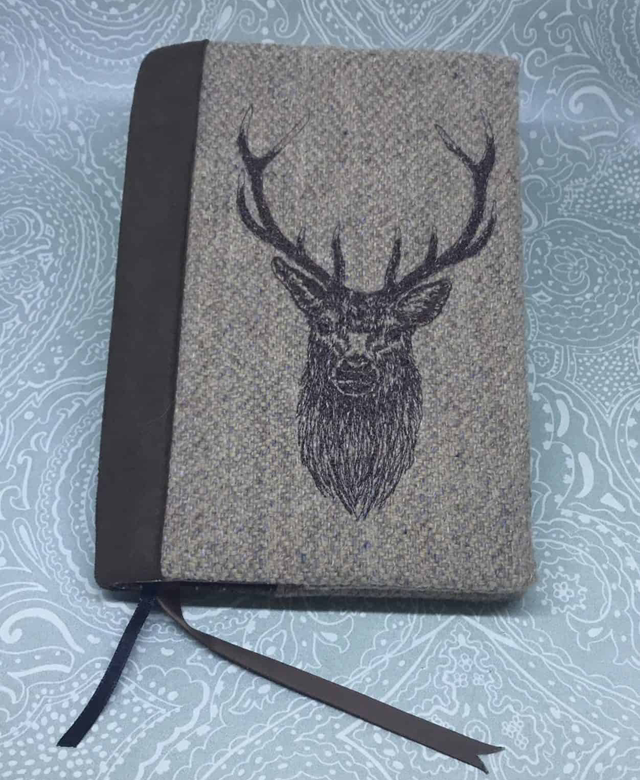 Notebook/journal cover in Harris Tweed with embroidered Stag
