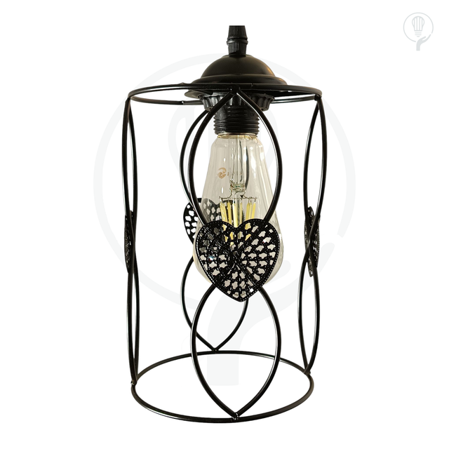 Lámpara Colgante Cilíndrica: Jaula Metálica con Detalle de Corazones