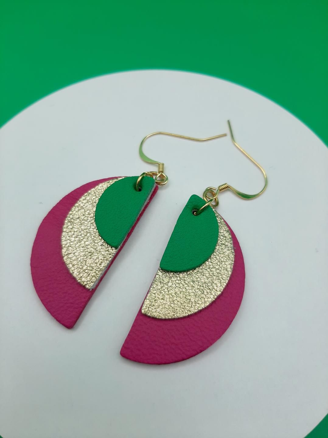 Semi circle drop earrings  - green / purple 