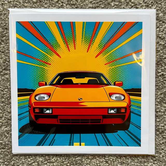 Porsche 928 Retro Pop Art Greeting Card – Car Enthusiast Gift, Bold & Colourful Design for Birthdays, or Any Occasion