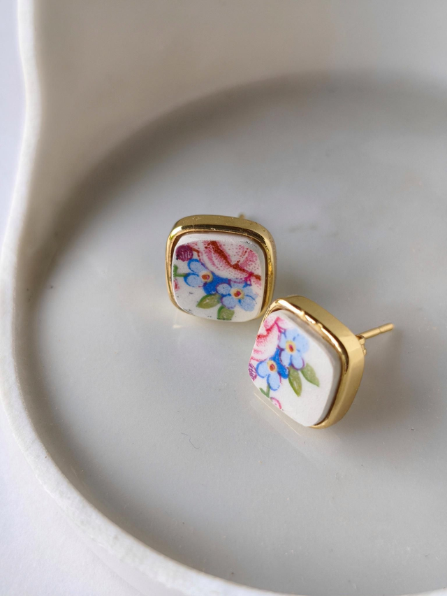 Boucles d&#039;oreilles carrées - faience - Sarreguemines - no.5