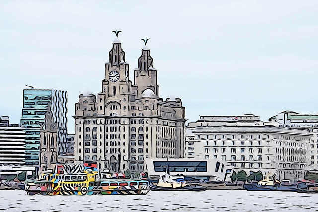 Waterfront Illustration Skyline w/ferry Print