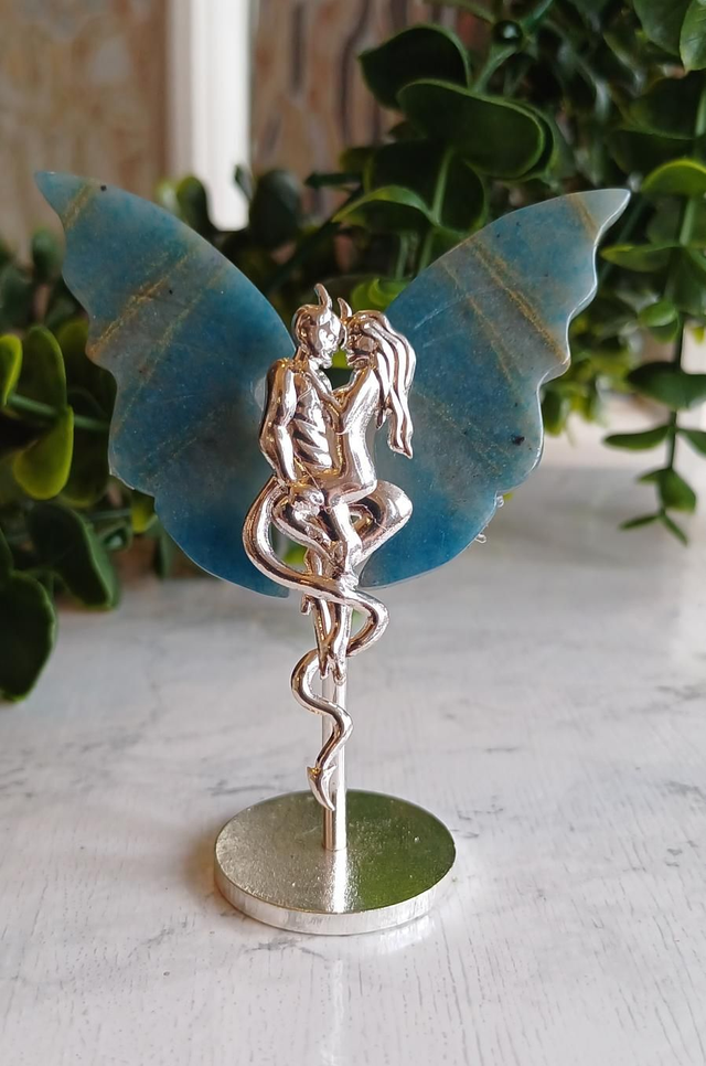 Blue Onyx Angel and Demon Lover Wings on Stand