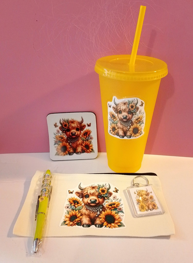 Personalised Highland Cow 5 Piece - 24oz Cup Coaster Pen Pencil Case Keyring