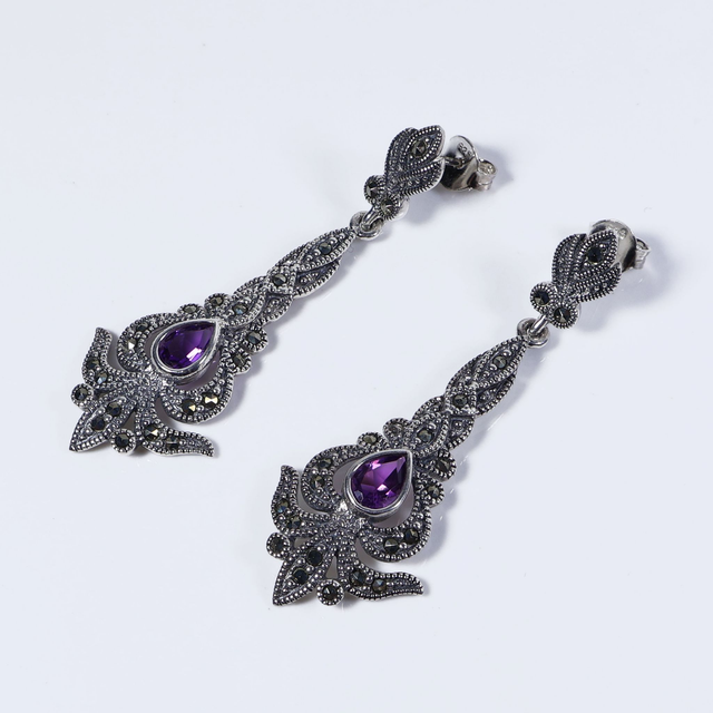 Art Nouveau Style Sterling Silver 925 Pear Cut Purple Amethyst Marcasite Gemstone February Birthstone Ornate Arrow Design Drop Earrings