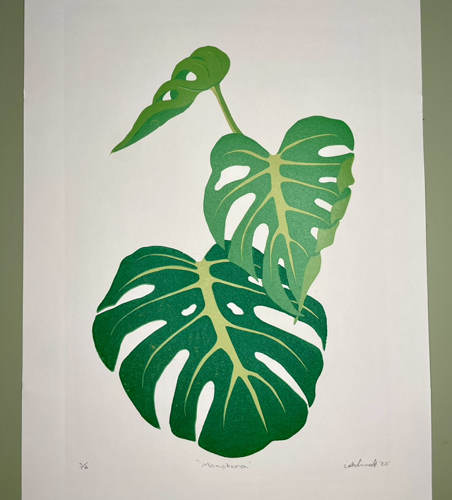 Monstera - four layer reduction Lino Print, limited edition